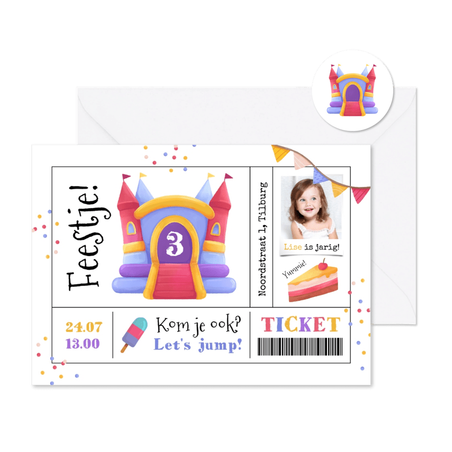 Kinderfeestje springkussen jump ticket taart foto confetti - Kaartimpressie