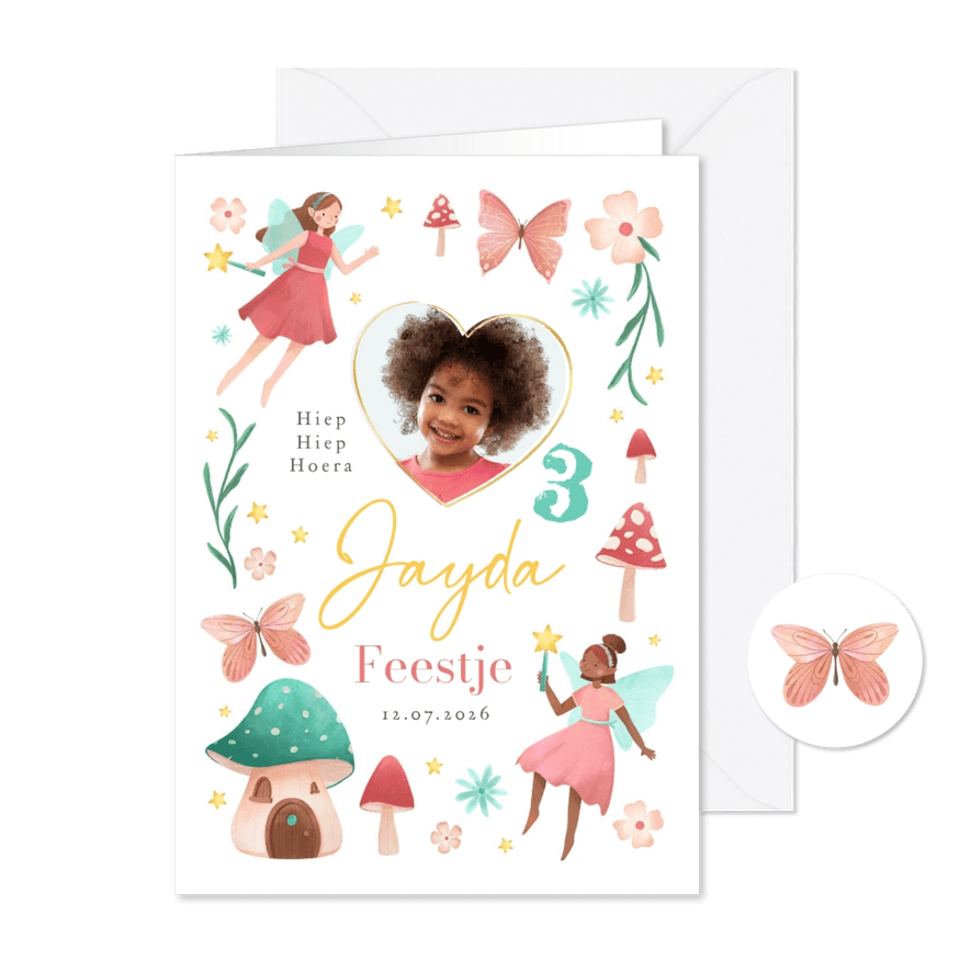 Kinderfeestje sprookje fee vlinders bloemen magisch - Kaartimpressie