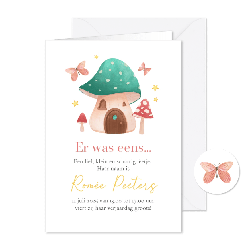 Kinderfeestje sprookje paddestoelenhuis feeën feestje  - Kaartimpressie