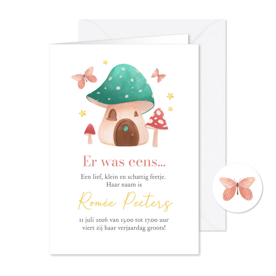 Kinderfeestje sprookje paddestoelenhuis feeën feestje - Kaartimpressie