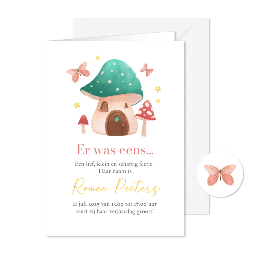 Kinderfeestje sprookje paddestoelenhuis feeën feestje - Kaartimpressie