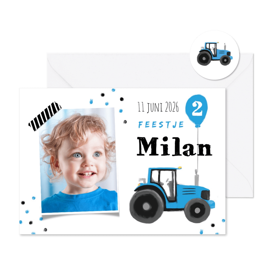 kinderfeestje stoer blauw tractor confetti ballon boerderij - Kaartimpressie