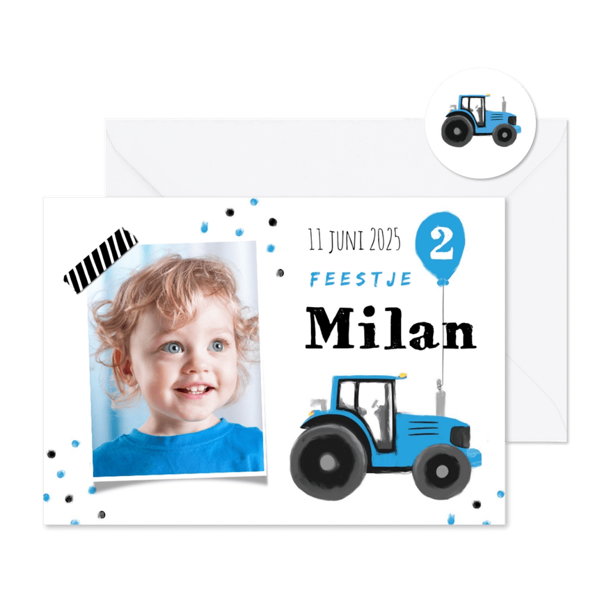 kinderfeestje stoer blauw tractor confetti ballon boerderij - Kaartimpressie