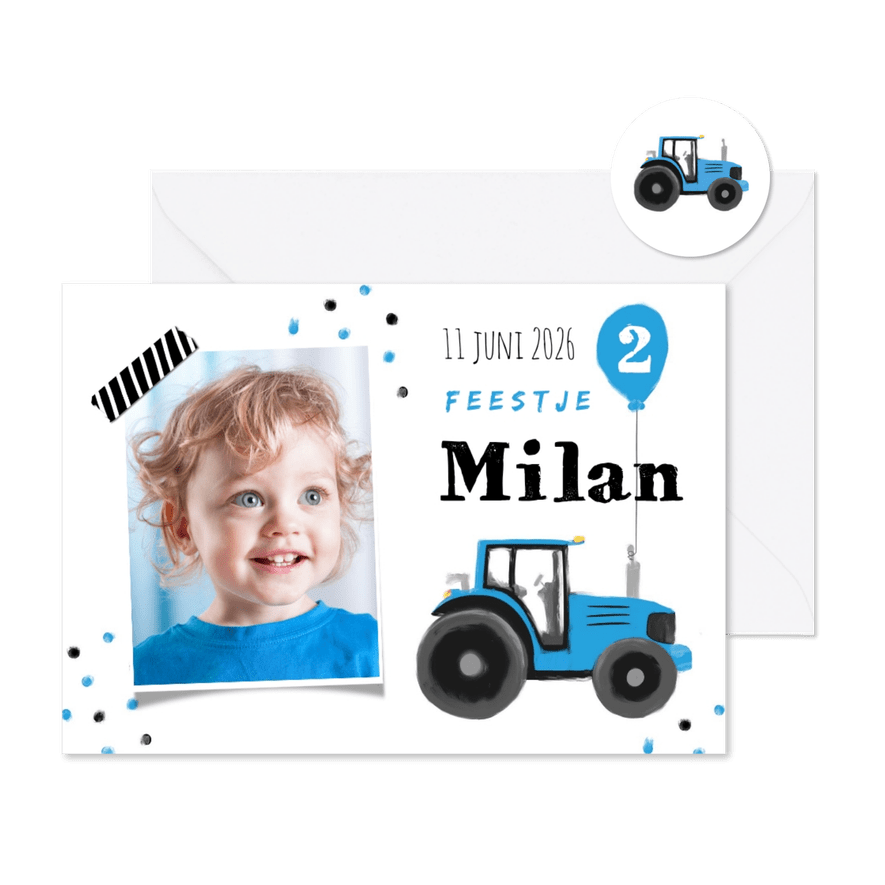 kinderfeestje stoer blauw tractor confetti ballon boerderij - Kaartimpressie