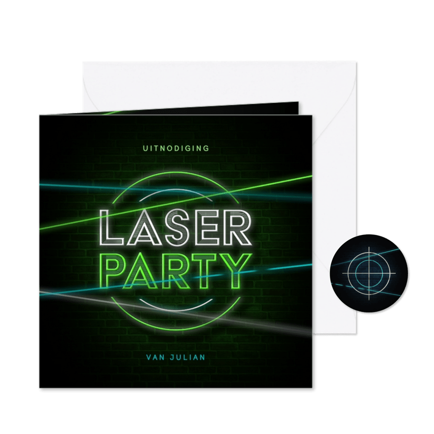 Kinderfeestje stoer lasergamen schieten laserparty neon - Kaartimpressie