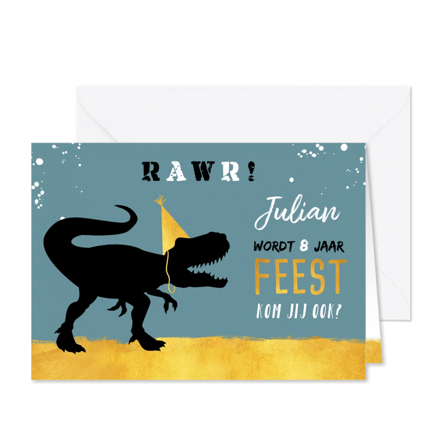 Kinderfeestje stoer met t-rex en hippe goudlook accenten - Kaartimpressie