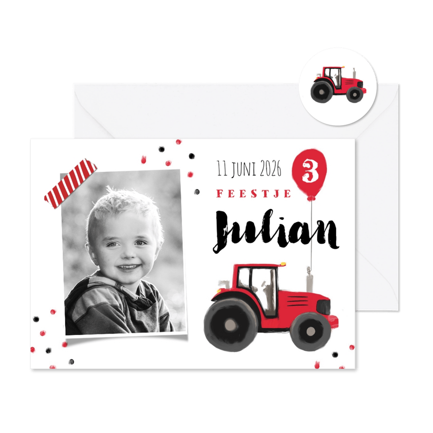 kinderfeestje stoer rood tractor confetti ballon boerderij - Kaartimpressie