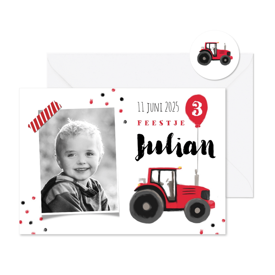 kinderfeestje stoer rood tractor confetti ballon boerderij - Kaartimpressie