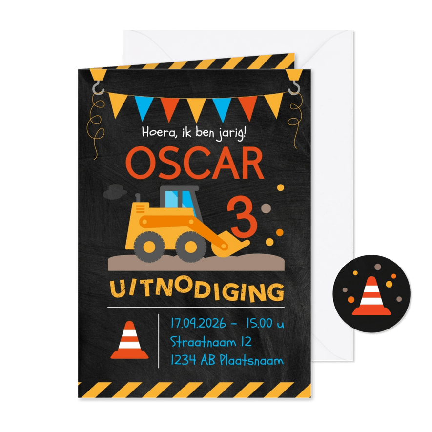 Kinderfeestje stoere graafmachine - Kaartimpressie