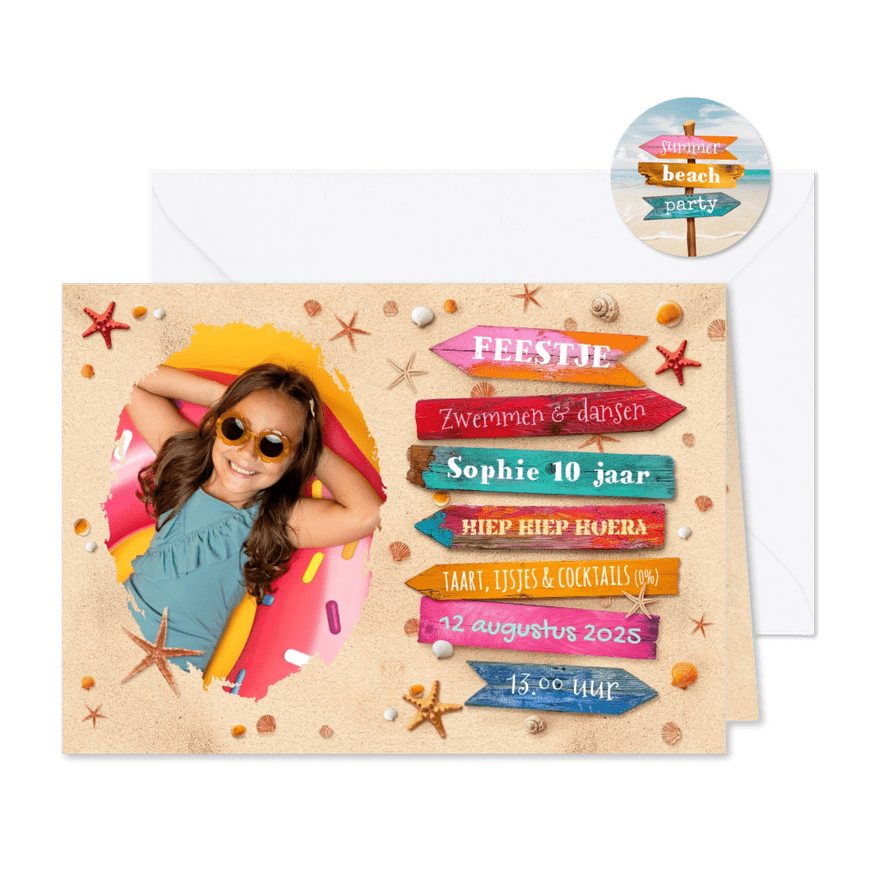 Kinderfeestje strand zwemmen tropisch wegwijzers zomer - Kaartimpressie