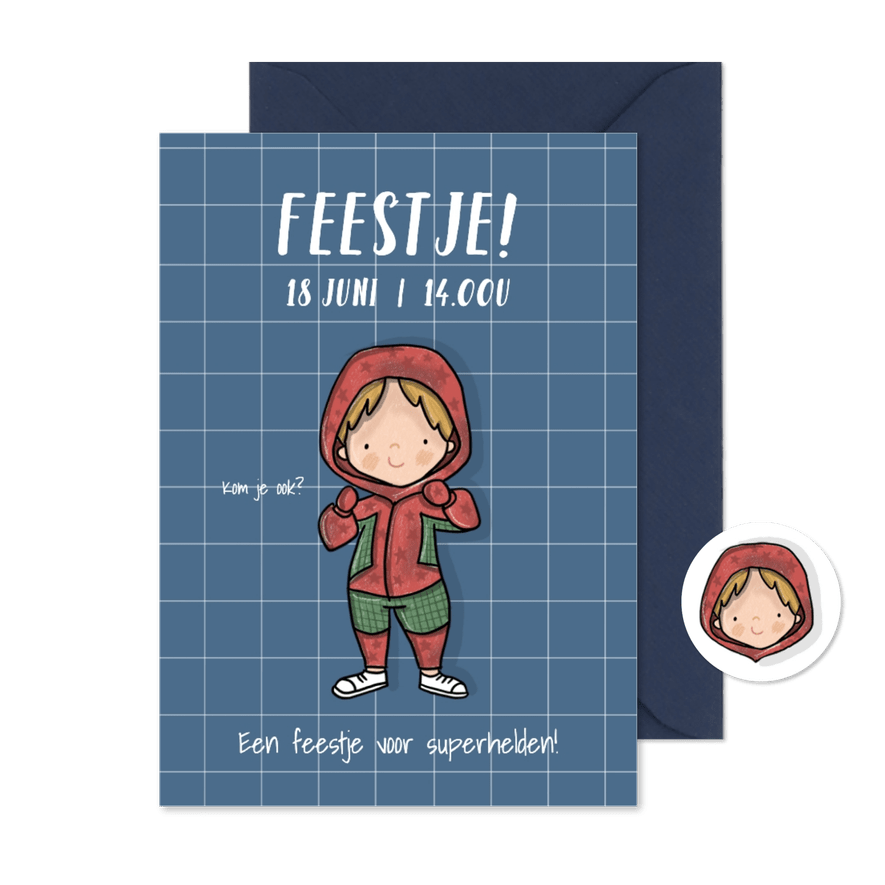 Kinderfeestje superhelden blauwe achtergrond - Kaartimpressie