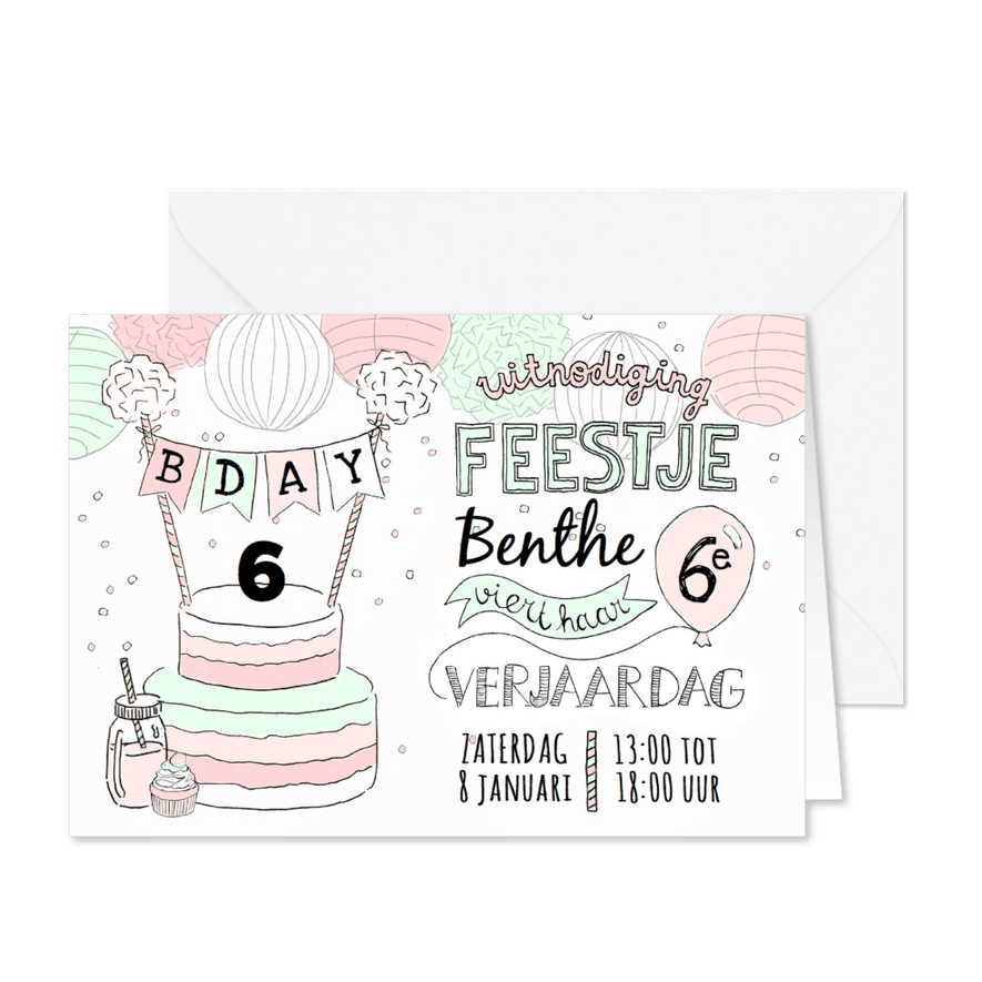 Kinderfeestje taart mint roze - Kaartimpressie