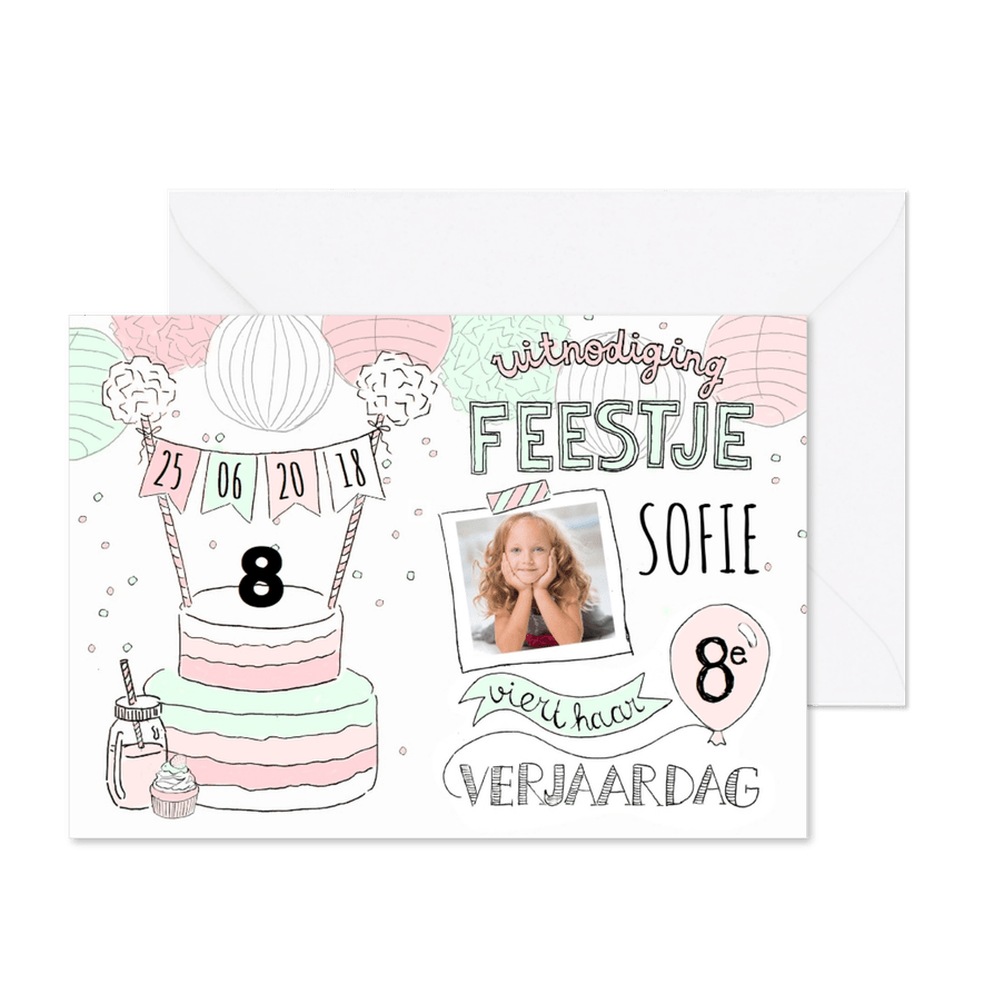 Kinderfeestje taart roze mint - Kaartimpressie