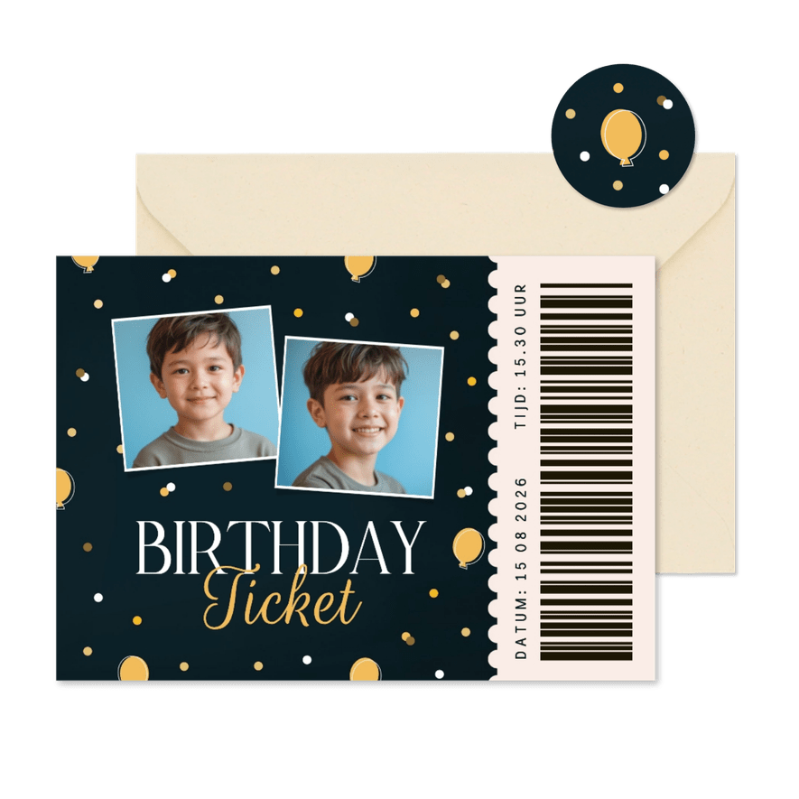 Kinderfeestje ticket blauw met ballonnetjes confetti foto's - Kaartimpressie
