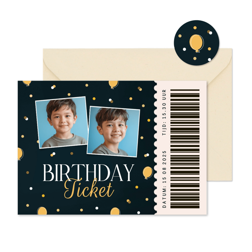 Kinderfeestje ticket blauw met ballonnetjes confetti foto's - Kaartimpressie