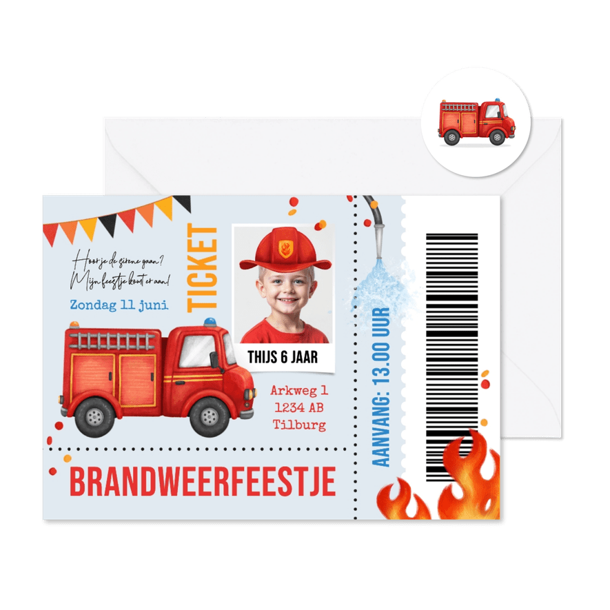 Kinderfeestje ticket brandweer stoer superheld brandweerauto - Kaartimpressie