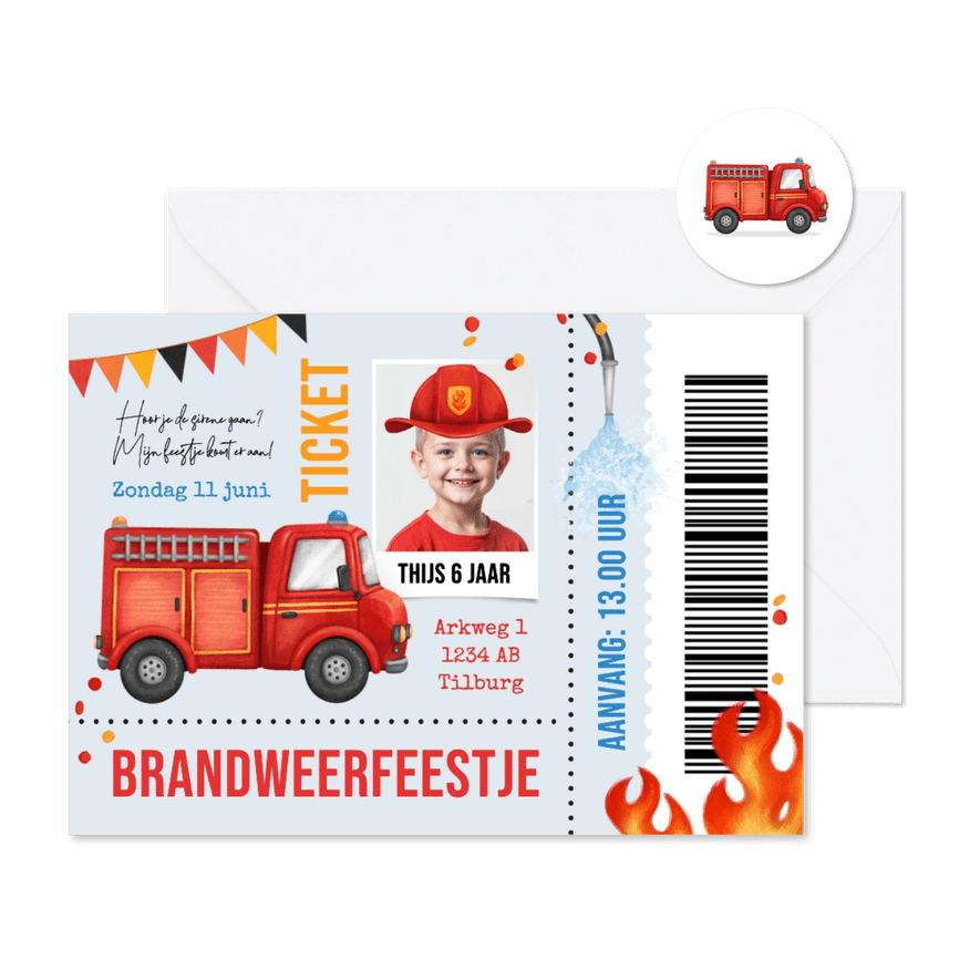 Kinderfeestje ticket brandweer stoer superheld brandweerauto - Kaartimpressie