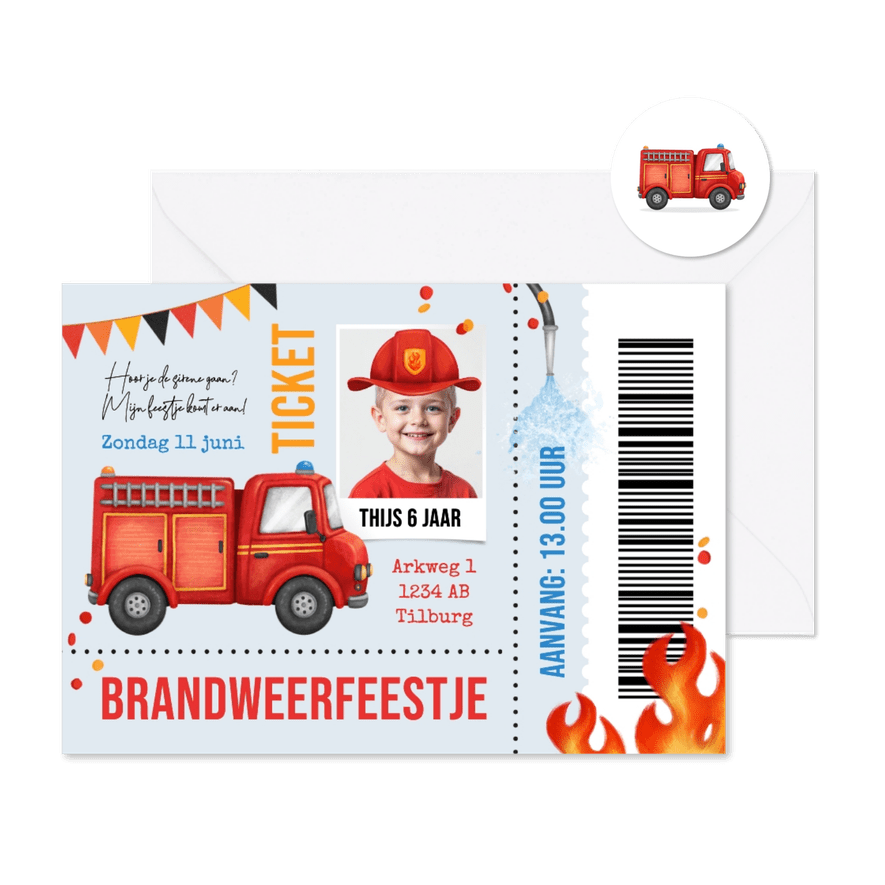 Kinderfeestje ticket brandweer stoer superheld brandweerauto - Kaartimpressie