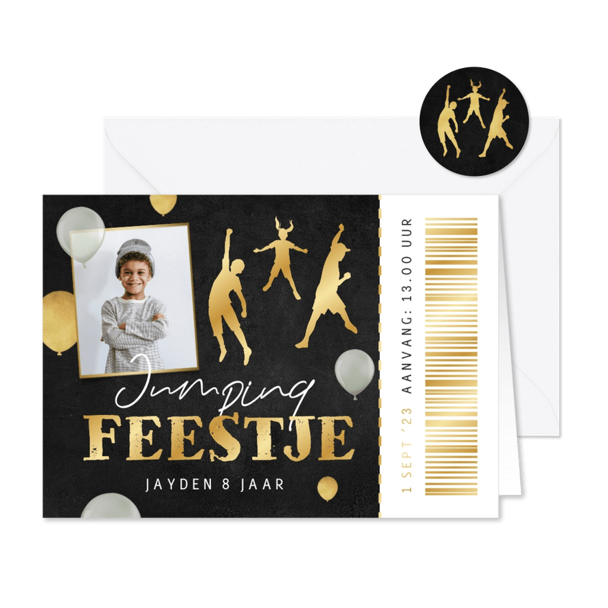 Kinderfeestje ticket jumping feestje goud ballonnen - Kaartimpressie