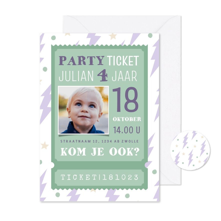 Kinderfeestje ticket met bliksem - Kaartimpressie