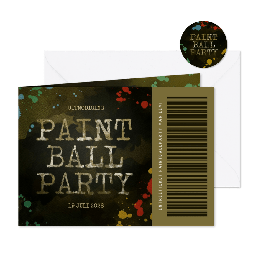 Kinderfeestje ticket paintballparty met verfspetters en camo - Kaartimpressie