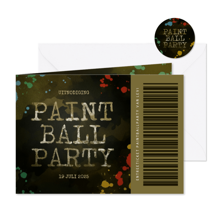 Kinderfeestje ticket paintballparty met verfspetters en camo - Kaartimpressie