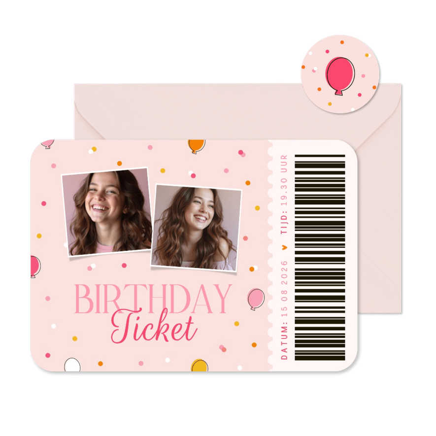 Kinderfeestje ticket roze ballonnetjes en confetti trendy - Kaartimpressie