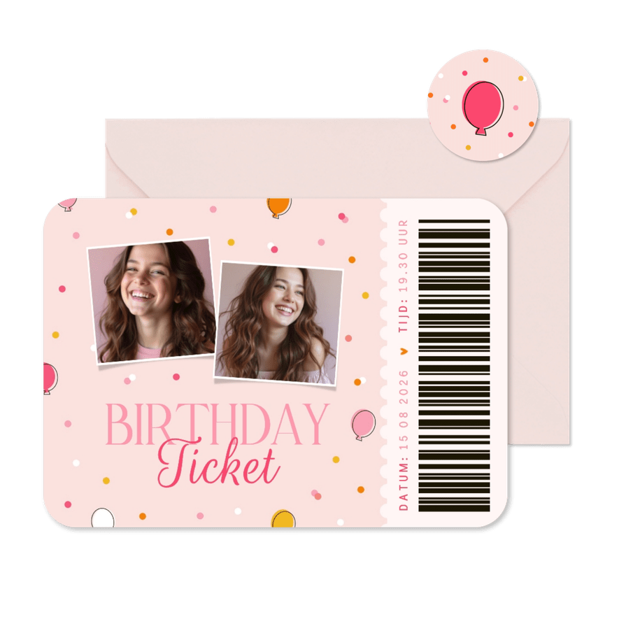 Kinderfeestje ticket roze ballonnetjes en confetti trendy - Kaartimpressie