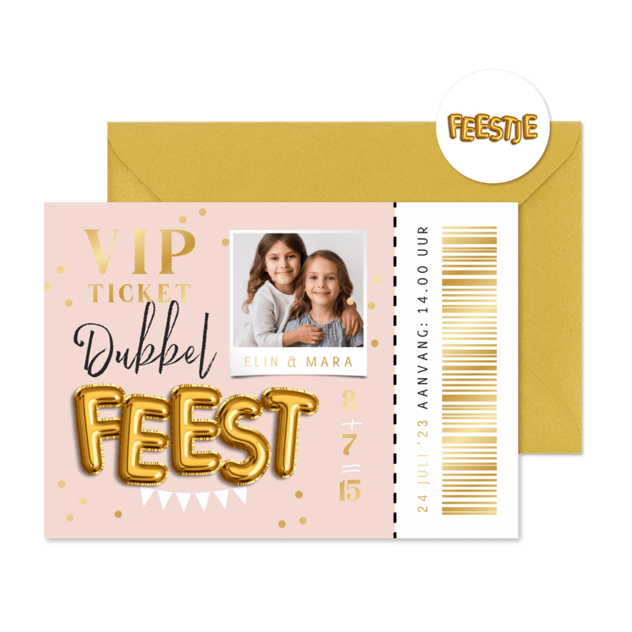 Kinderfeestje ticket samen jarig foto goud confetti - Kaartimpressie