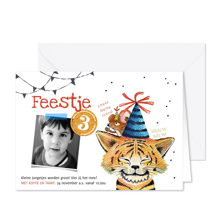 Kinderfeestje tijger kat jongen - Kaartimpressie