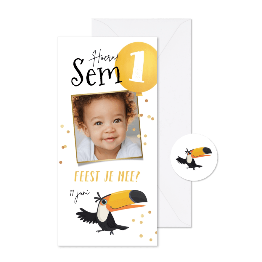 Kinderfeestje toekan ballon confetti foto - Kaartimpressie