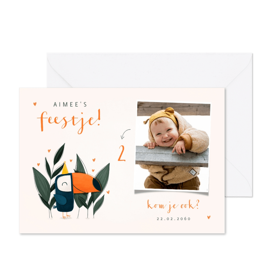 Kinderfeestje toekan met feesthoedje en foto - Kaartimpressie
