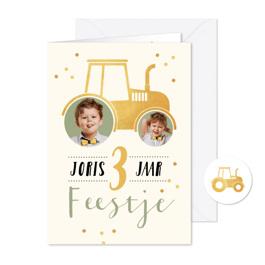Kinderfeestje tractor goud foto confetti verjaardag feest - Kaartimpressie