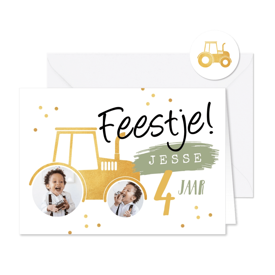 Kinderfeestje tractor goud foto feestje confetti - Kaartimpressie