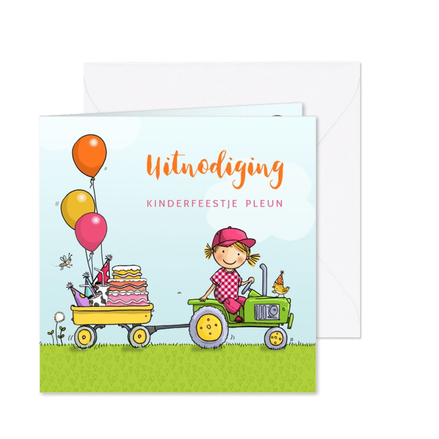 Kinderfeestje tractor met aanhanger meisje - Kaartimpressie