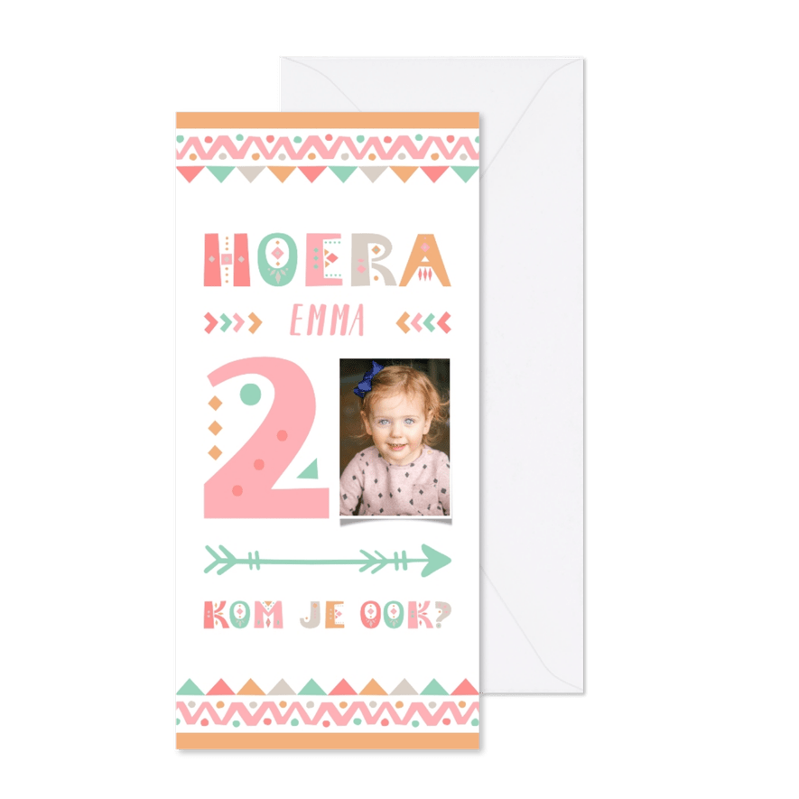  Kinderfeestje tribalstijl uitnodiging 2 jaar meisje - Kaartimpressie