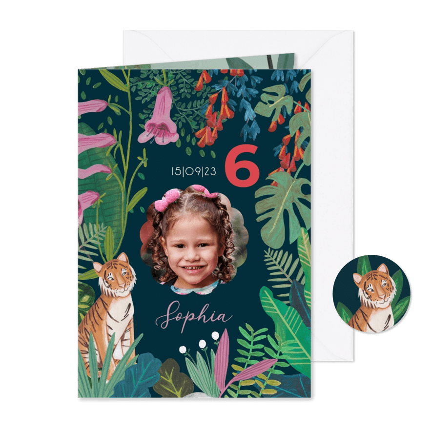 Kinderfeestje tropische jungle met tijger en bloemen - Kaartimpressie