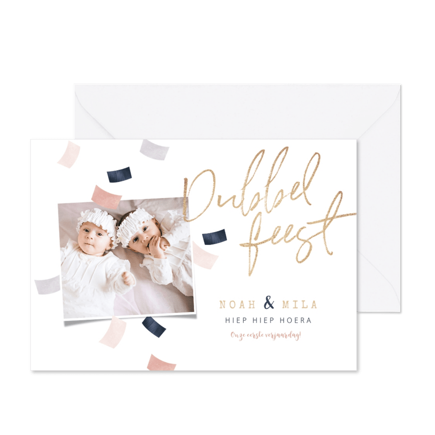 Kinderfeestje tweeling confetti dubbel feest roze goud - Kaartimpressie