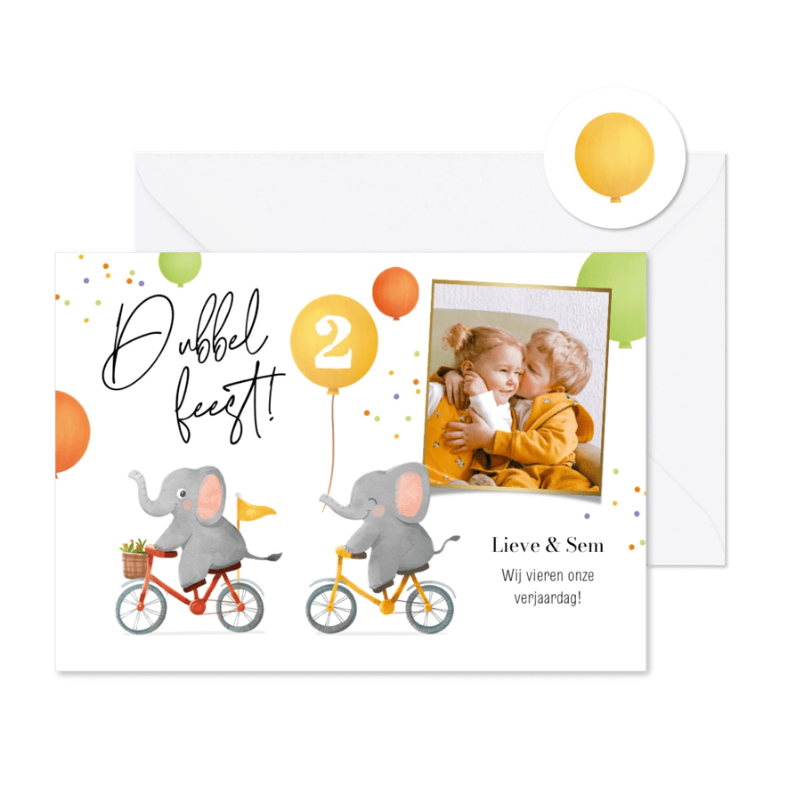 Kinderfeestje tweeling olifantjes ballonnen confetti foto - Kaartimpressie