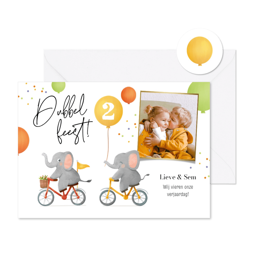 Kinderfeestje tweeling olifantjes ballonnen confetti foto - Kaartimpressie