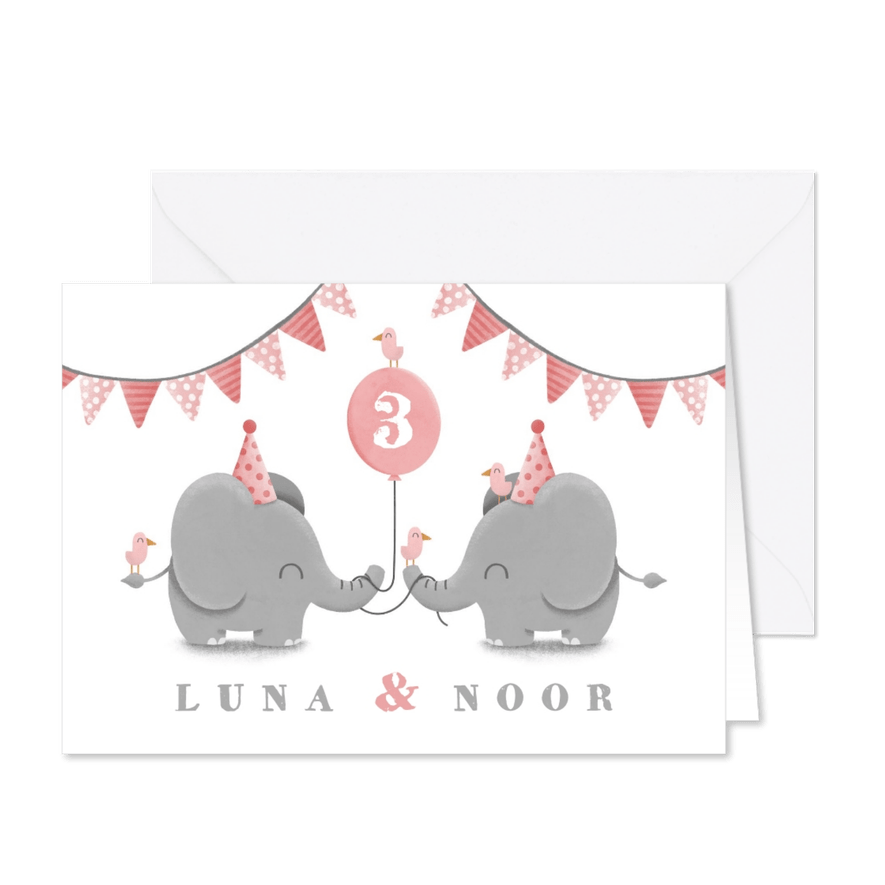 Kinderfeestje tweeling olifantjes met slingers en ballon - Kaartimpressie