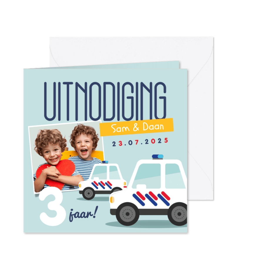 Kinderfeestje tweeling politieauto's foto's vrolijk - Kaartimpressie
