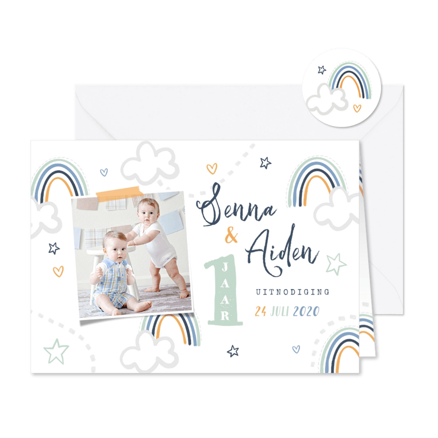 Kinderfeestje tweeling wolken regenboogjes sterren hartjes - Kaartimpressie