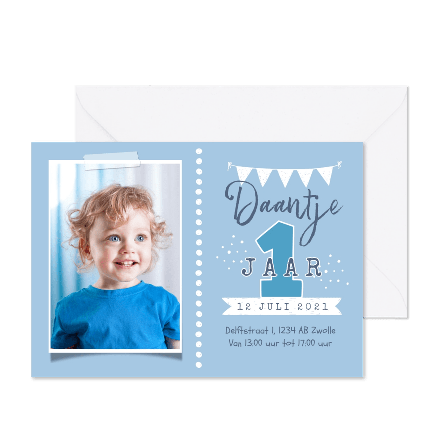 Kinderfeestje uitnodiging 1 jaar jongen foto feest slinger - Kaartimpressie