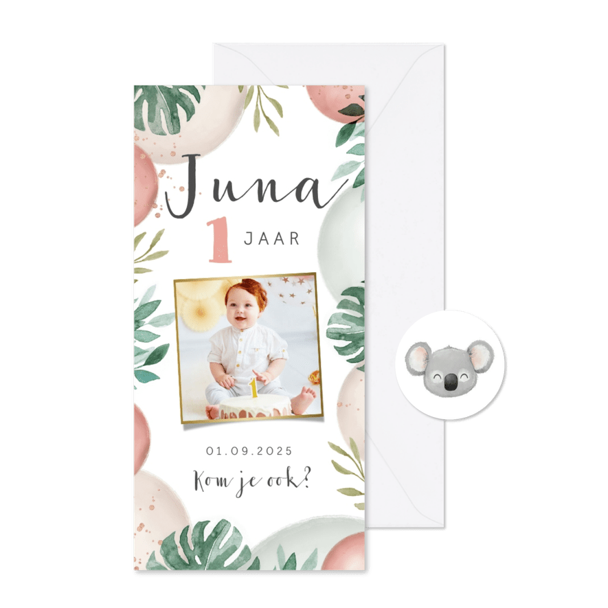 Kinderfeestje uitnodiging 1 jaar jungle ballonnen foto koala - Kaartimpressie