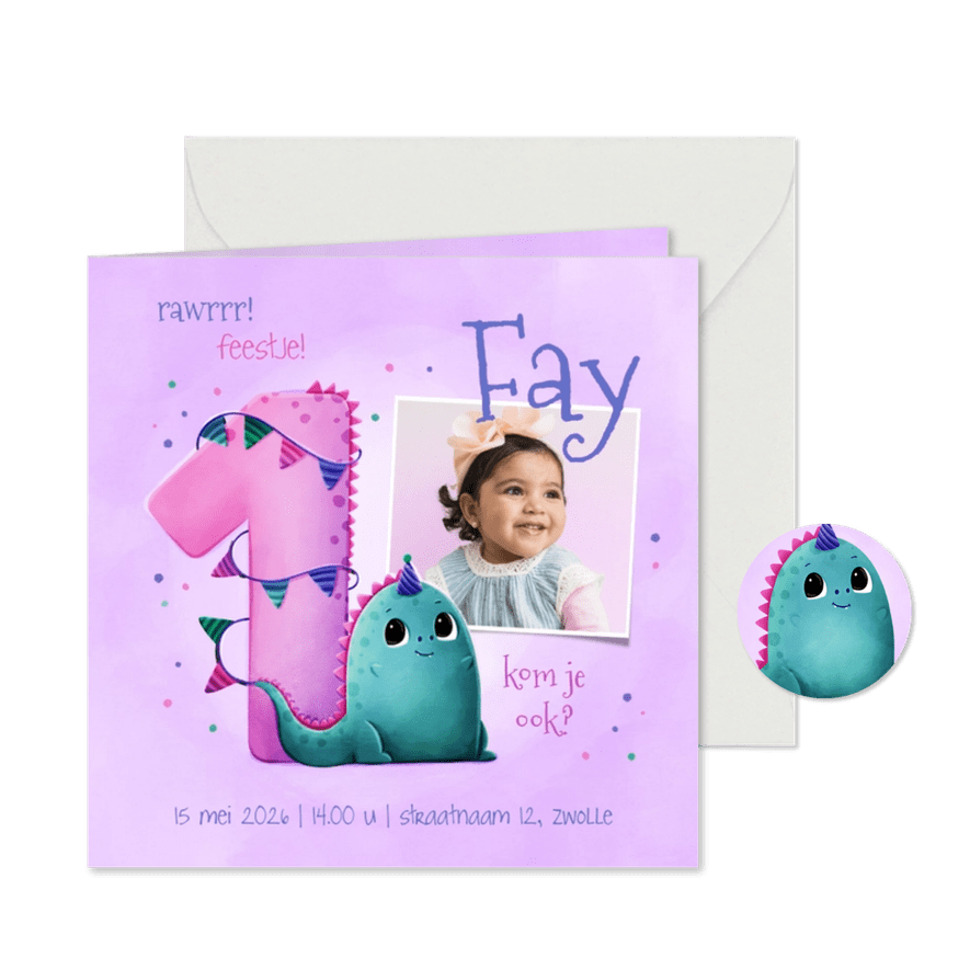Kinderfeestje uitnodiging 1 jaar vrolijk met dino en vlaggen - Kaartimpressie