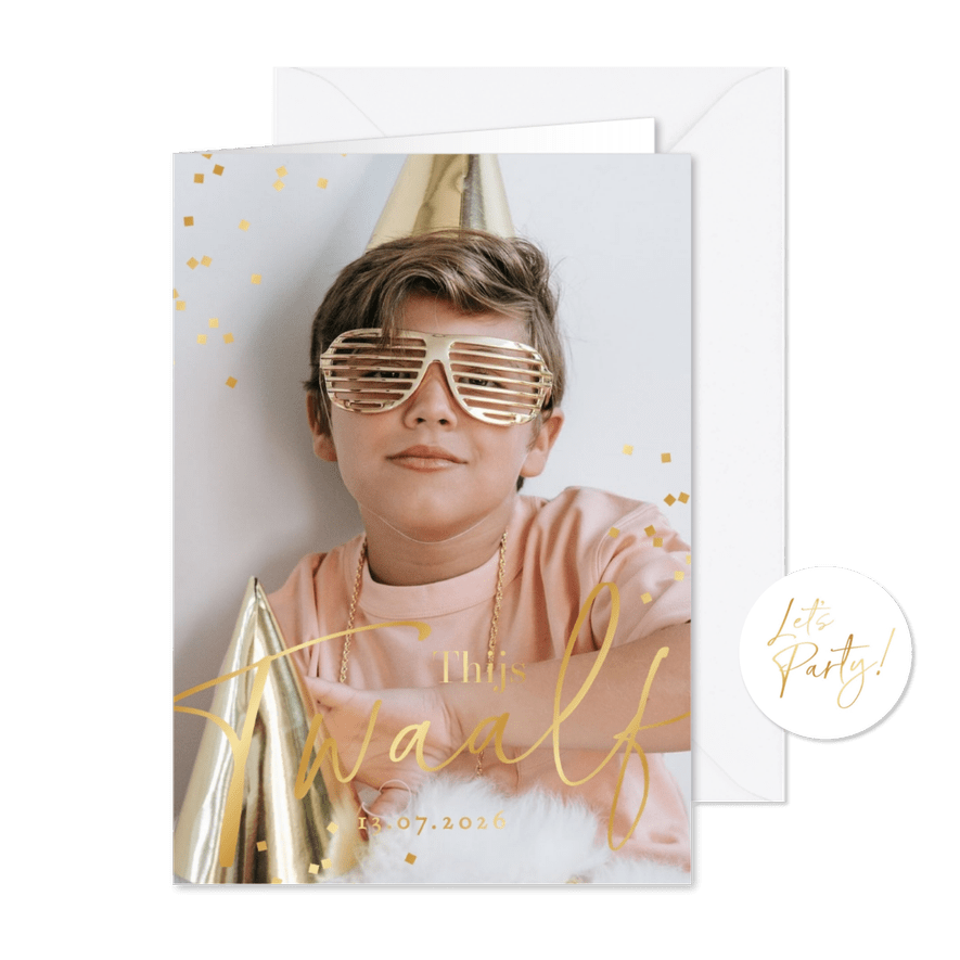 Kinderfeestje uitnodiging 12 jaar goud confetti foto - Kaartimpressie