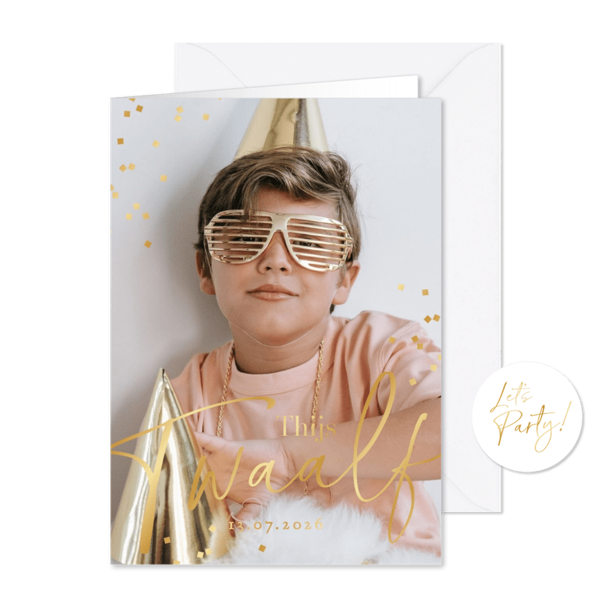 Kinderfeestje uitnodiging 12 jaar goud confetti foto - Kaartimpressie