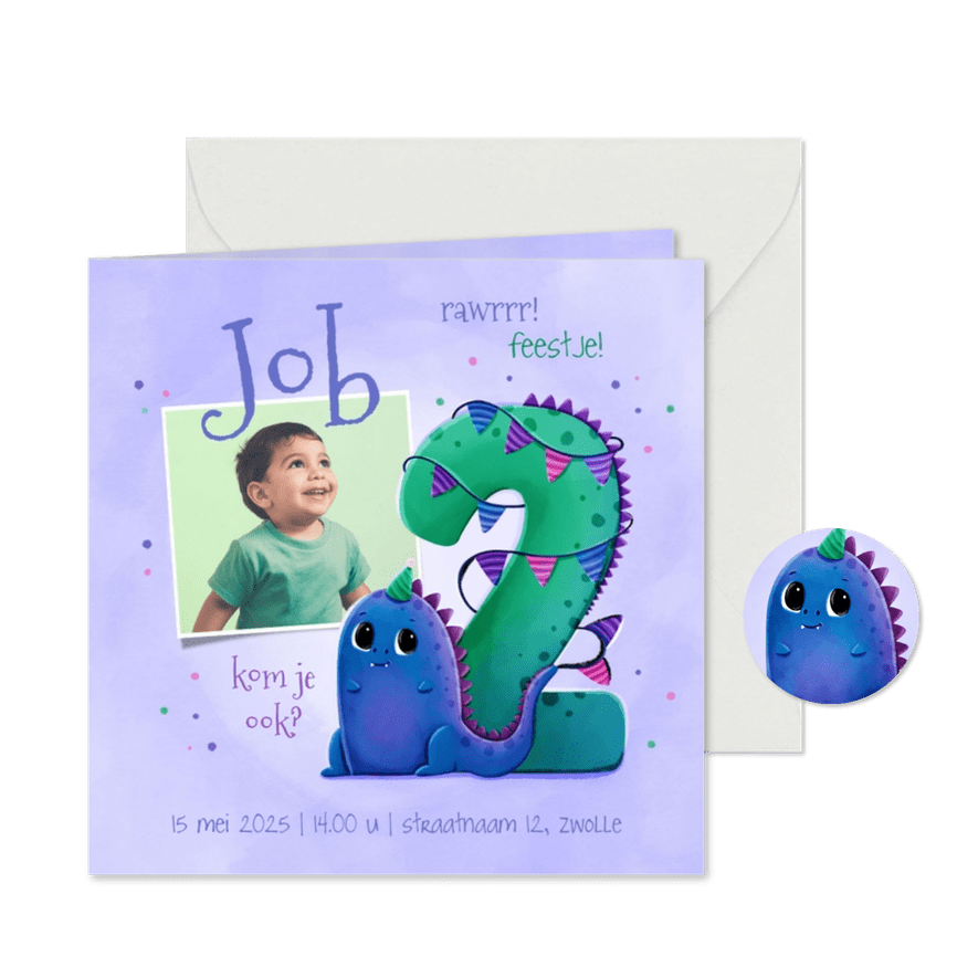 Kinderfeestje uitnodiging 2 jaar vrolijk met dino en vlaggen - Kaartimpressie