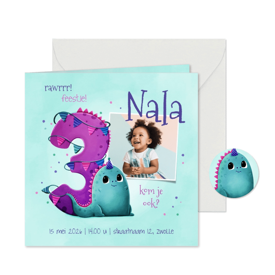 Kinderfeestje uitnodiging 3 jaar vrolijk met dino en vlaggen - Kaartimpressie